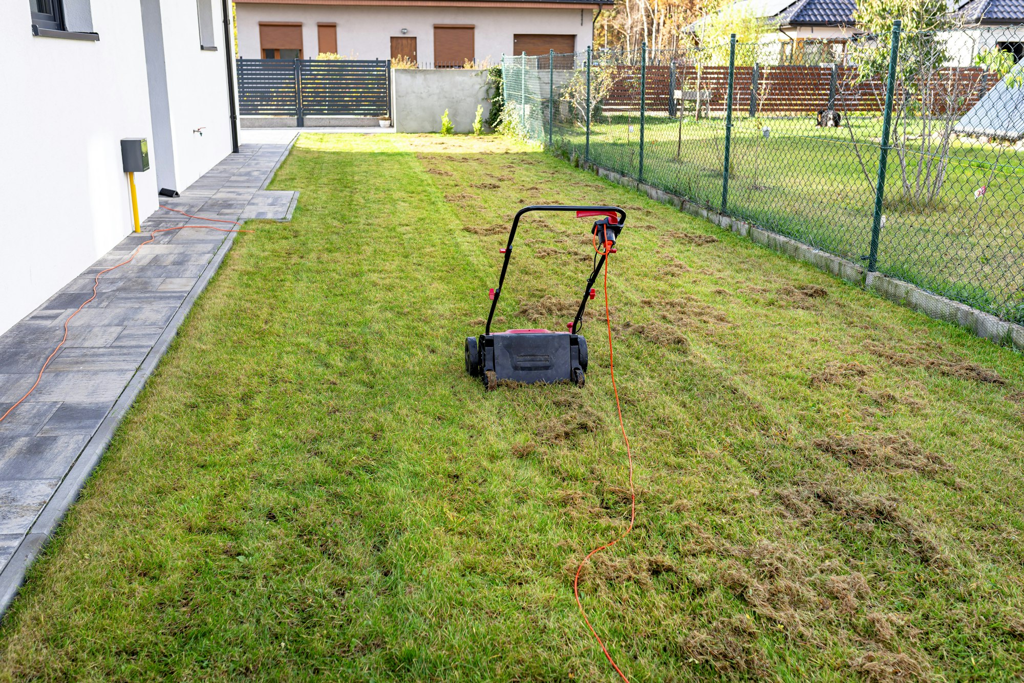 Scarifying the lawn before the winter season using an electric scarifier.